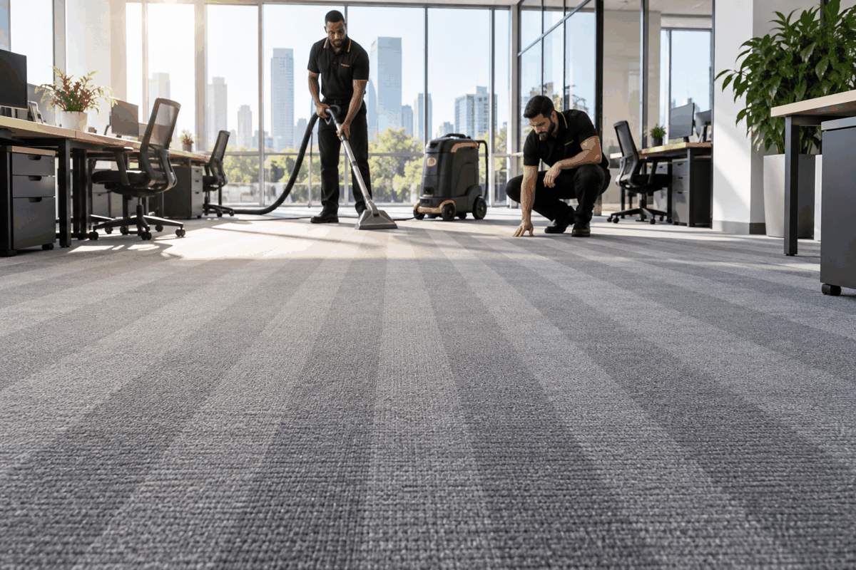 Two workers cleaning carpet in a commercial office